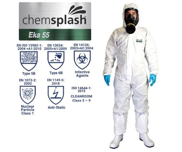 Tuta monouso in laminato, 55 gr-Chemsplash Eka 55 Tipo 5B/6B - Bianco - Modello n. 2511