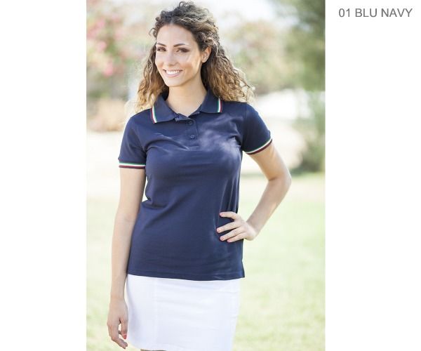Polo donna manica corta costina tricolore 3 bottoni GP ITALIA Made in Italy 100% Cotone Piquet 180 gr. sanforizzato